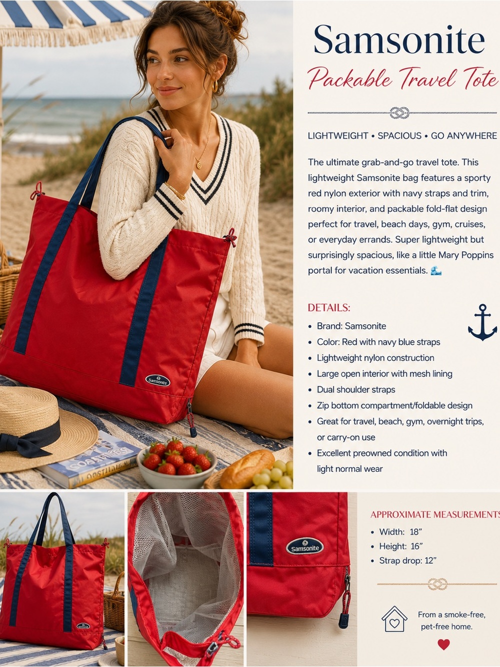 Samsonite Red Packable Travel Tote with Navy Straps
